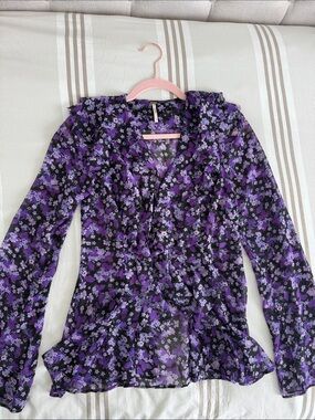 Free People Black and Purple Flowy Floral Ruffle Top